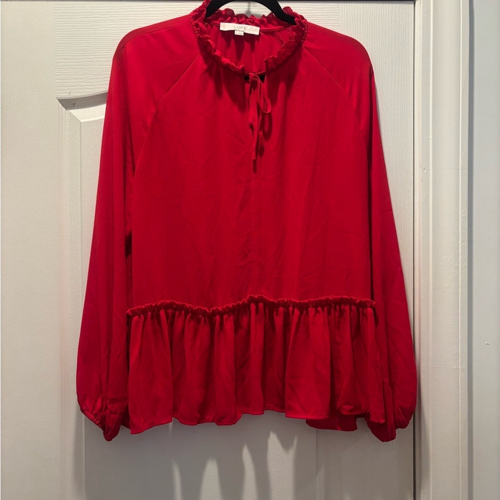 LOFT Red Ruffle Hem Long-Sleeve Top